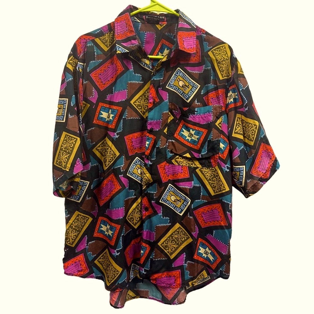 Silk Montage Vintage Short Sleeve Button Up Colorful Pocket Shirt Mens Medium